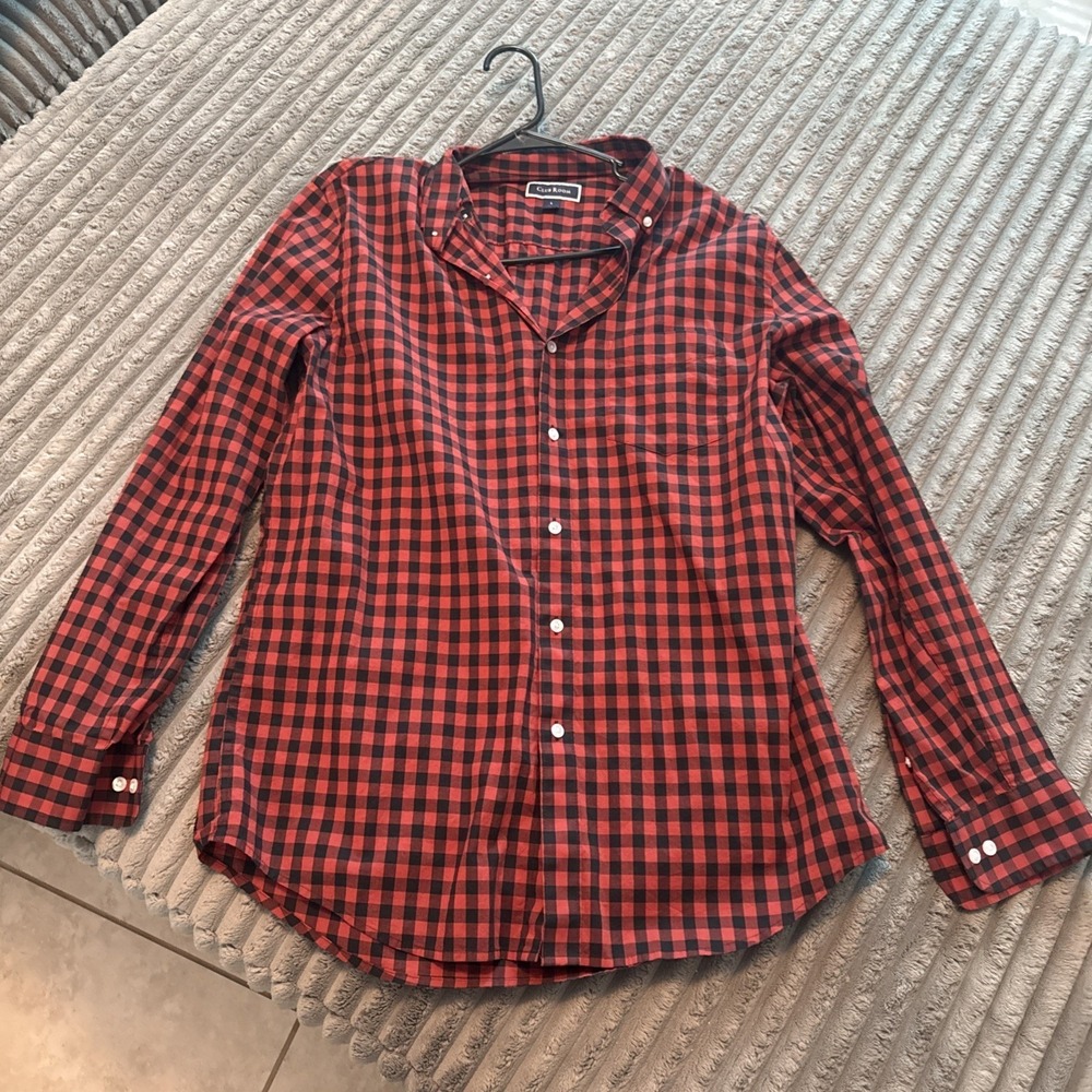Club Room Mens Red Black Buffalo Check Button Down Long Sleeve Shirt Large‎